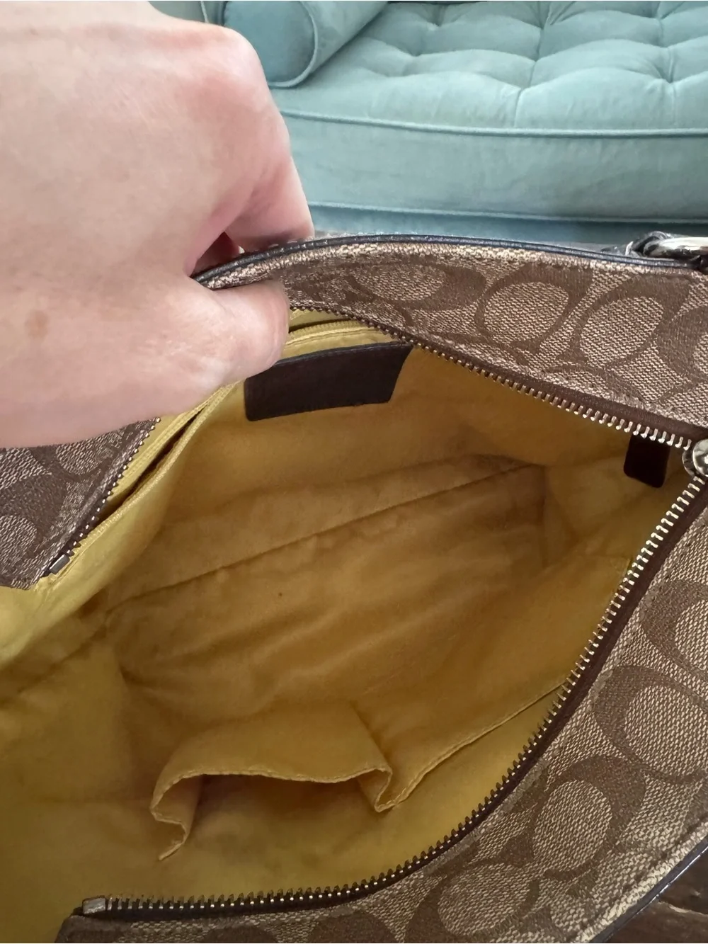 Coach Signature Heritage Stripe Brown, White, & Yellow Tote Bag
